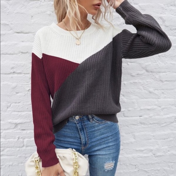 Burgundy gray color block knit sweater top - Picture 7 of 7